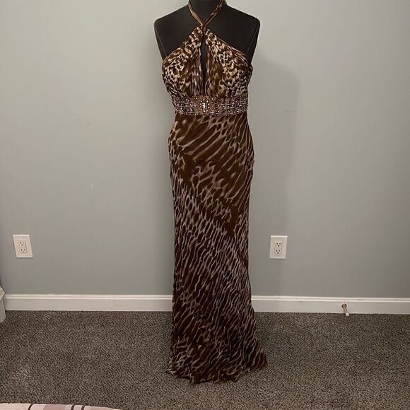 Scala Women's Leopard Animal Print Elegant Open back Maxi Dress Size 8 NWT - Picture 1 of 14